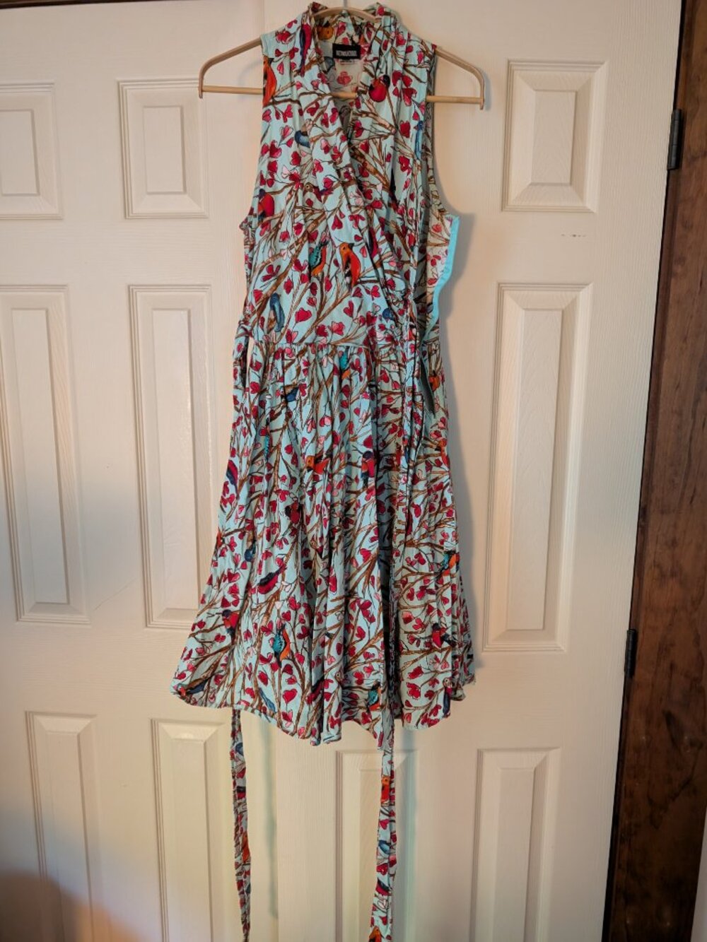 ModCloth Retrolicious Teal Bird Dress with built-in waist tie - Size Medium